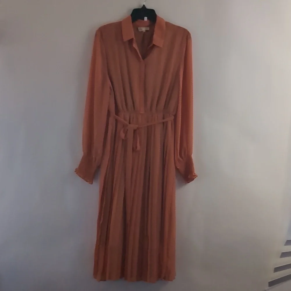 MELLO DAY Women's Orange Half Button Dotted Dress With Belt Size Large